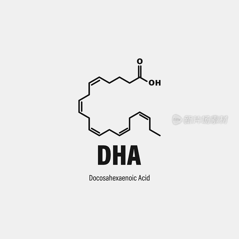 Docosahexaenoic acid (DHA, cervonic acid) molecule. Polyunsaturated omega-3 fatty acid present in fish oil.